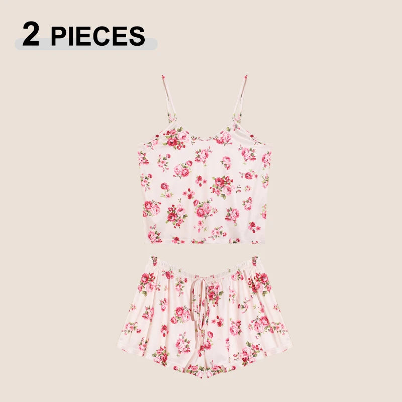 Summer Printed Cami Sleeveless Top and Shorts Pajama Sets For Women Sexy Leisure Adjustable Belt Loungewear Female Soft Pajama