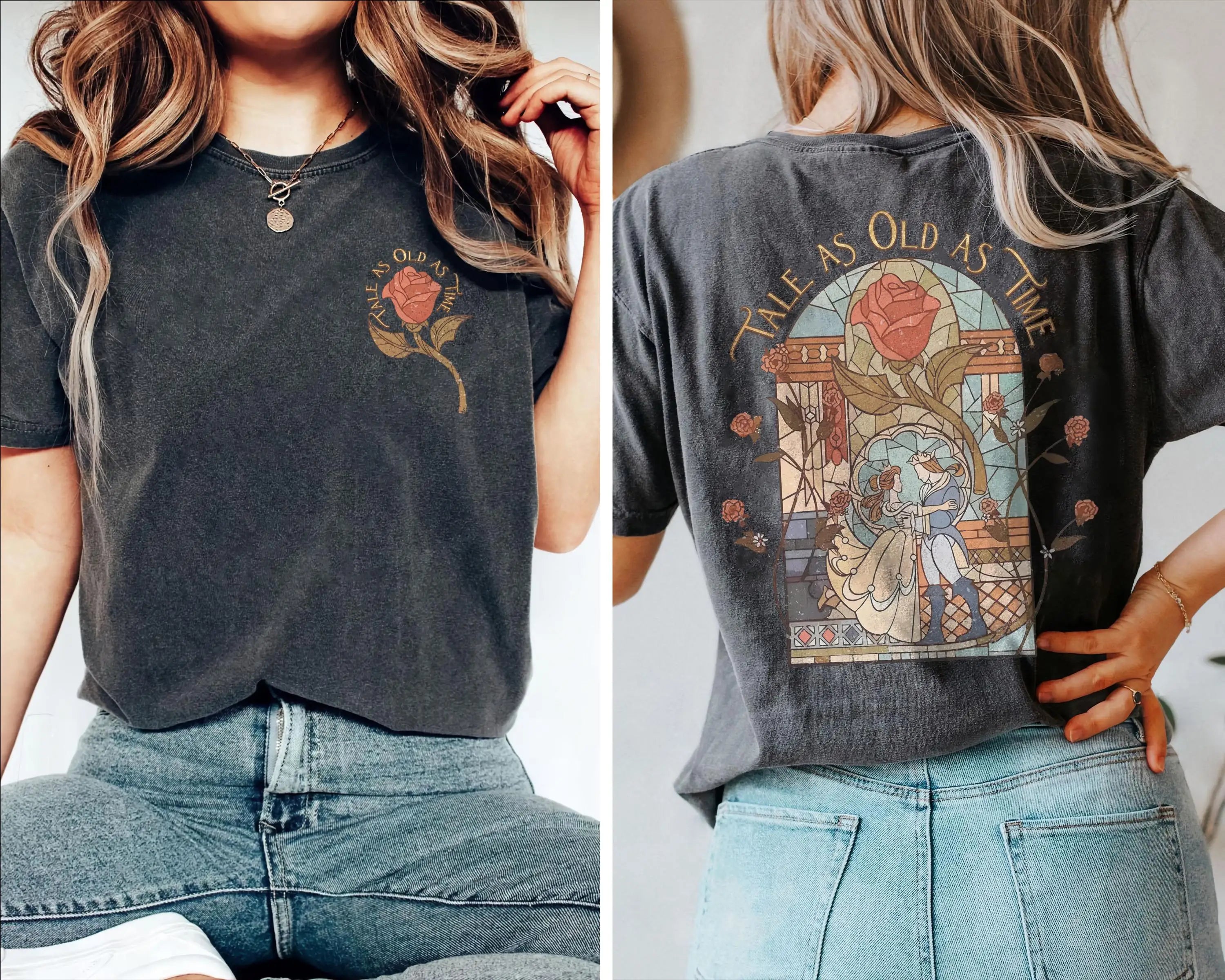 Women‘s Retro Disney Beauty and The Beast T-Shirt Vintage Cotton Short Sleeve Unisex Streetwear Oversized Loose Casual Stylish