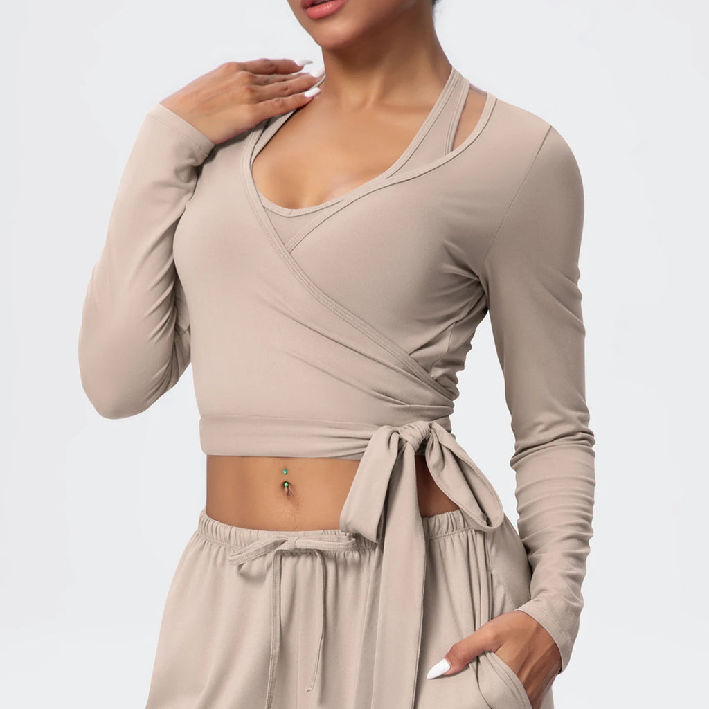 Women Slim Breathable Sports Top Women Active Wear Sports Yoga Long Sleeved Solid Color Running Shirts Straps Design Yoga Top