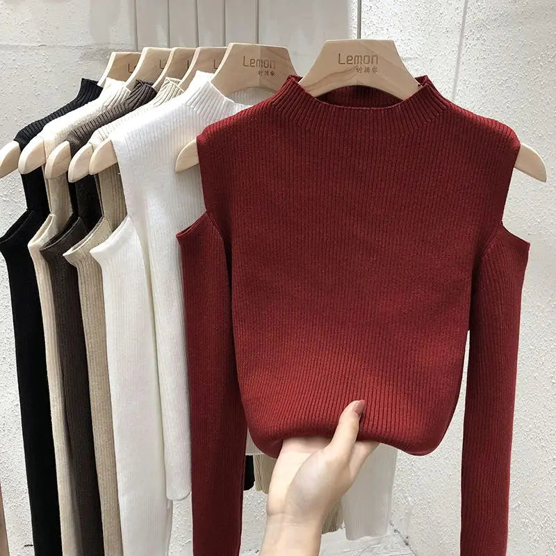 Knitted Sweater Women Pullovers New Long Sleeve Stand Collar Off-shoulder Knit Sweater Pullover Women Tops Sueters De Mujer Q781