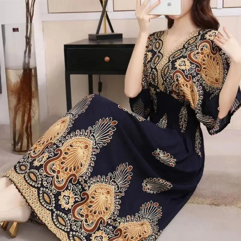 Colorful Flower V-neck Elastic Youthful Bohemian Sweet Midi Dress Woman Clothes Chic Fashion Summer Dresses 2025 Large Swing Ski