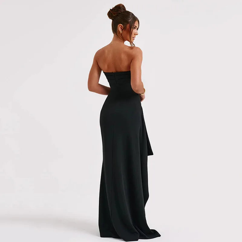 2025 spring new elegant temperament solid color strapless shoulder tight waist high slit little dress dress