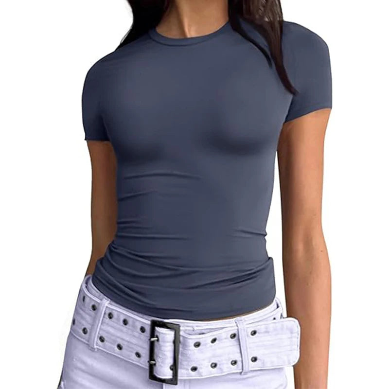 1pcs Women's Sport T-shirt Girl Solid Basic Fitness Running Yoga Tees Lady Short Sleeve Slim Sexy Round Neck Casual Shirts Tops