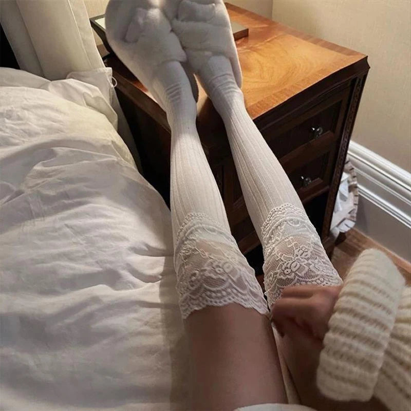 Fashionable Sexy Lace Patchwork Casual Winter Warm Solid Color Elastic Japanese Jk Socks