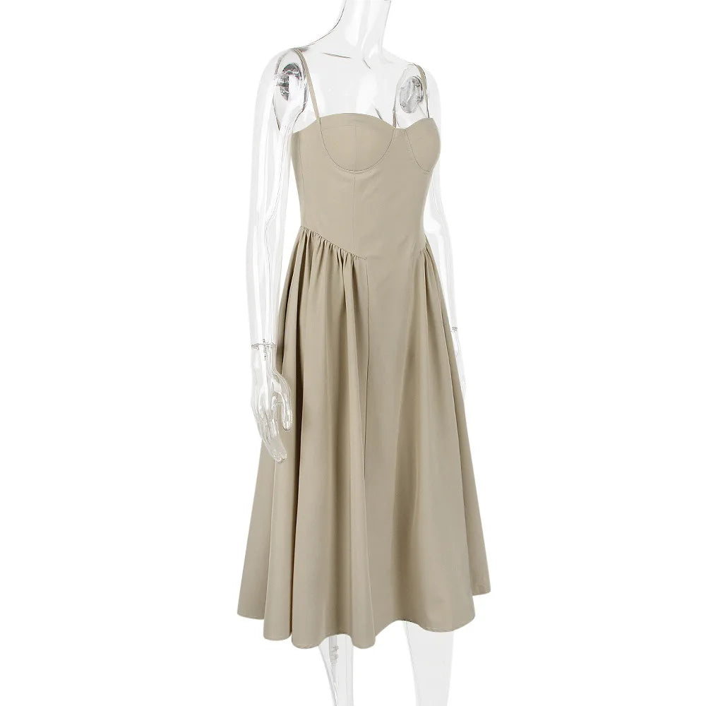 Summer Women Elegant Sleeveless Backless Pleated Dresses Lady Sexy Solid Sling Midi Dress 2024 Female Party Evening A-line Robes