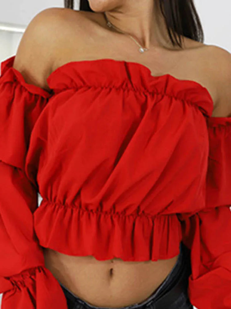 Candy Color Off Shoulder Crop Tops women Summer dot print lantern sleeve shirts Lady Sexy Slash neck beach blouse