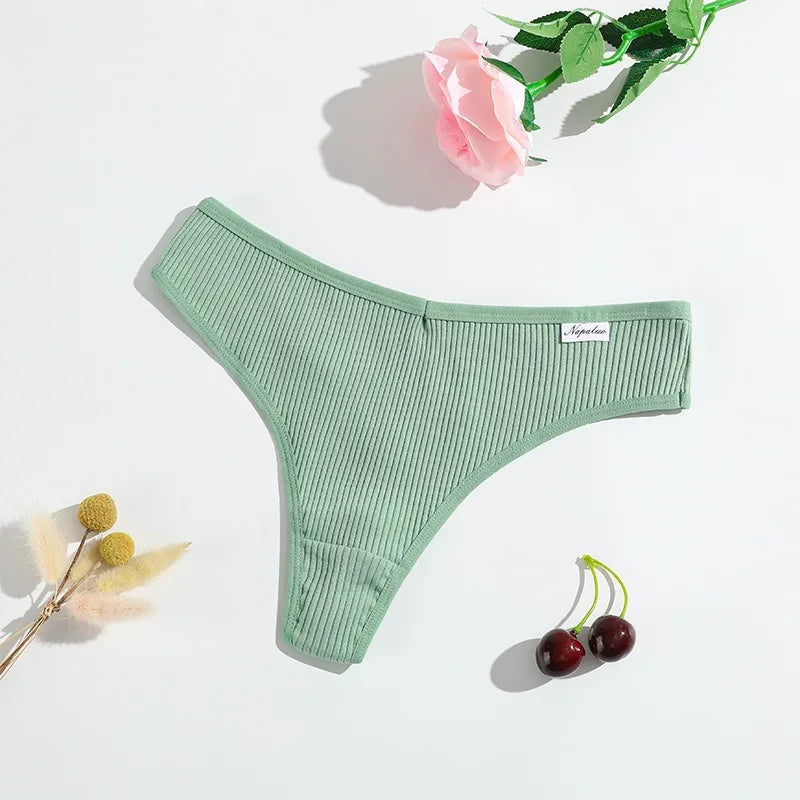 6Pcs/Set Women Cotton Thongs Female Ribbed Panties Low Rise G-String Sexy Underwear Solid Color Bikini Soft S-XL Intimates