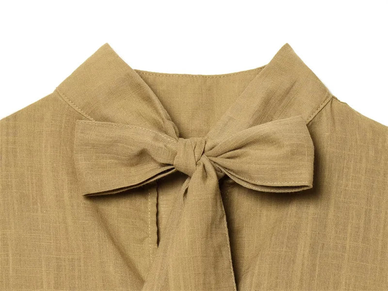 Women's Shirt 2026 Summer New Khaki Short Sleeve Bow Decorative Hollow-Out Dress Hem Shirt Casual Fashion Personality