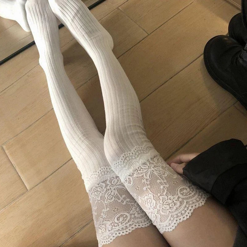 Fashionable Sexy Lace Patchwork Casual Winter Warm Solid Color Elastic Japanese Jk Socks