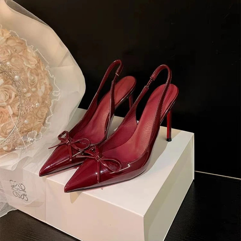 Luxury Patent Leather Women's High Heels 2026 Summer New Style Bow-tie Pointed Toe Sandals Sexy Striptease Party High Heels