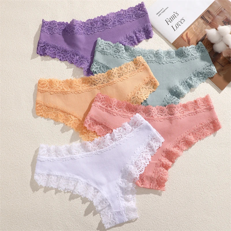 4PCS/Set Cotton Floral Lace Underpants for Women Sexy Striped Low-Waist Panties Girls Comfortable Briefs Trendy T-back Lingerie