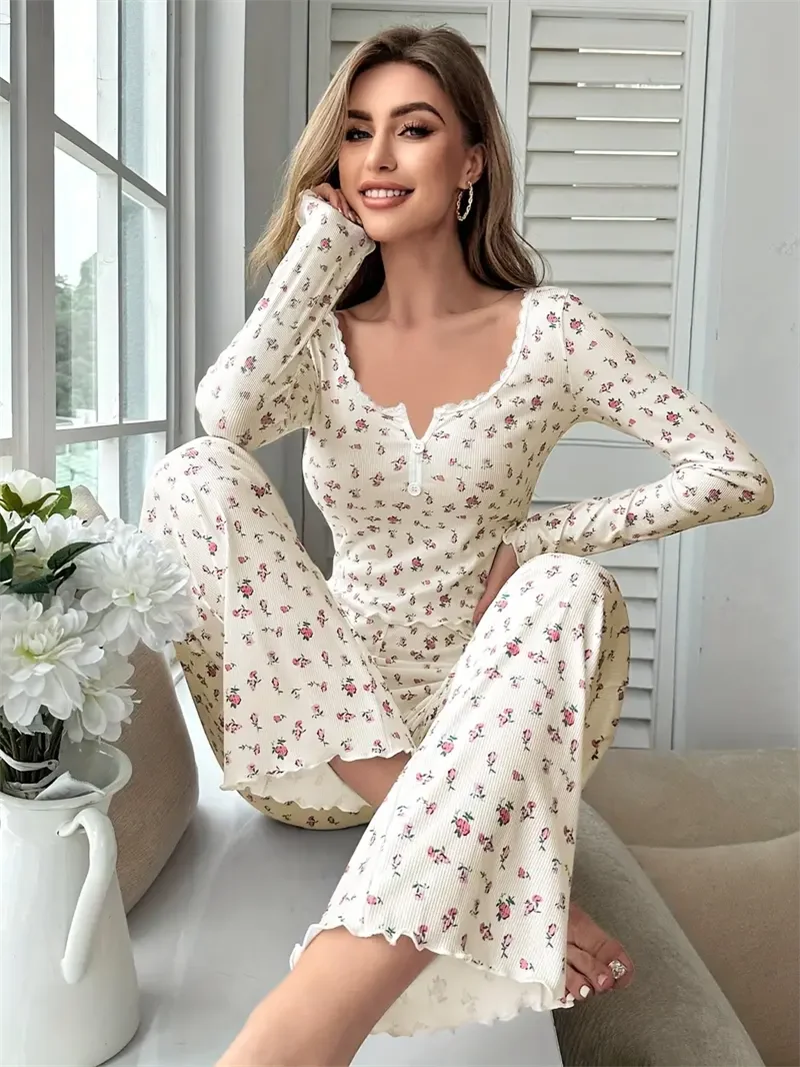 4 Size Choose S M L XL  Apricot Ditsy Floral Women Homewear Set Soft Pajama Set Long Sleeve Top and Pants Loungewear Sleepwear T