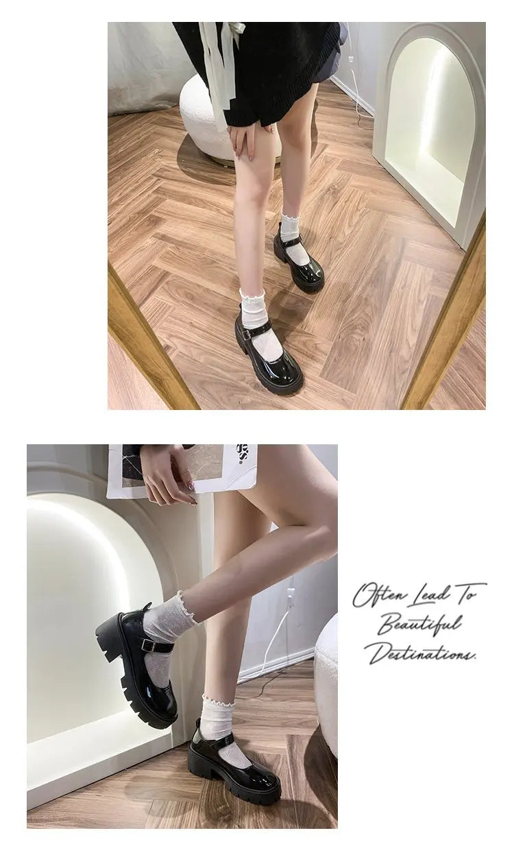 Lolita Shoes Japanese Girl Platform Black high heels fashion Round Toe Mary Jane Women Patent faux Leather Student Cosplay Shoes
