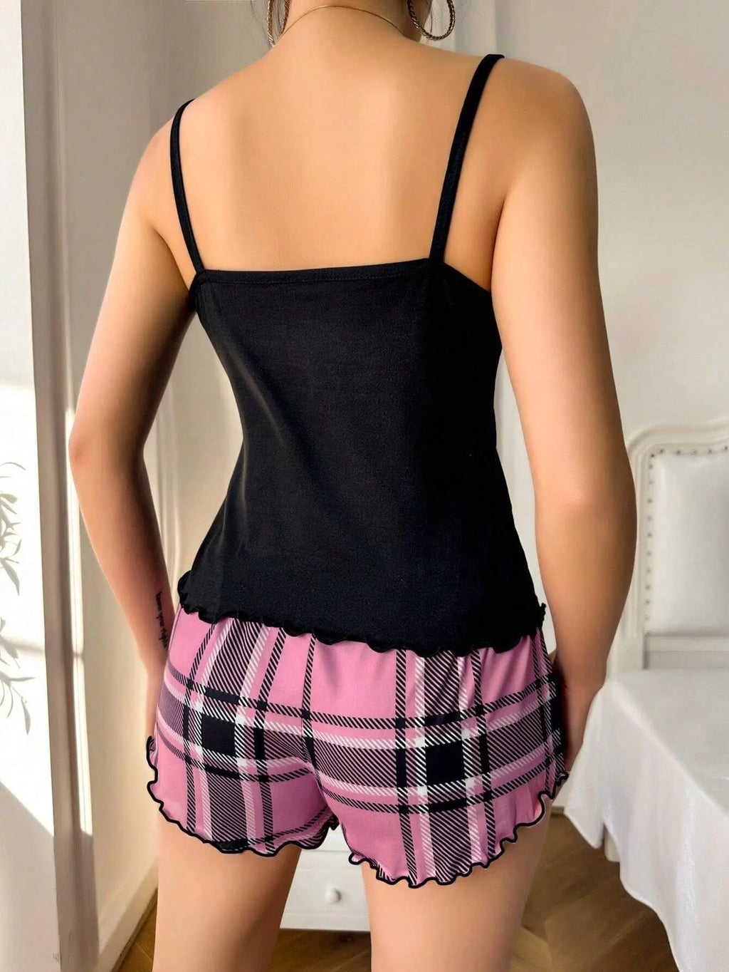 Sexy Nightwear Women's Suspenders Top Plaid Pants Fashion Sleepwear Homewear Two-Piece Set Ladies Pajamas Love Print Loungewear