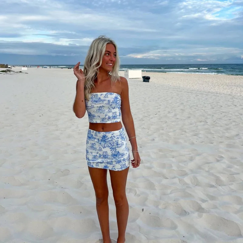 Oshfall Summer Outfits For Women 2-Piece Set Sleeveless Retro Printing Strapless Top+High Waist Slim Mini Skirt Street Clothing