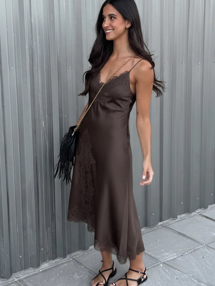 HH Fashion Soild Asymmetric Lace Satin Dress For Women's Sexy V-Neck Sleeveless Backless Slit Evening Party Slip Midi Dress