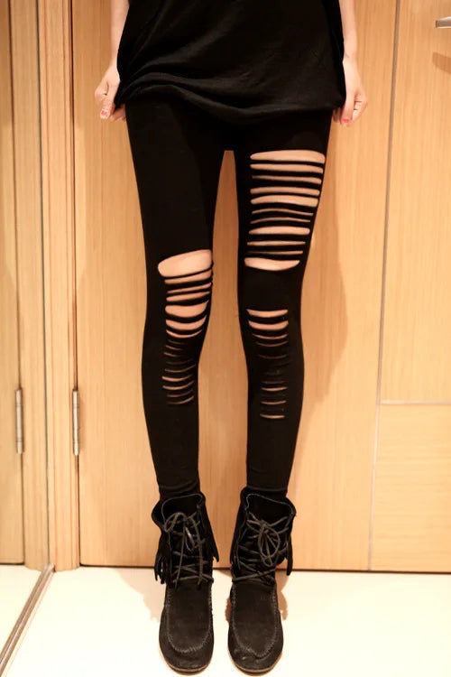 Sexy Leggings Ripped Leggins Women Low Waist Pants Hollow Out Leggings Stretch Dancing Club Street Pants