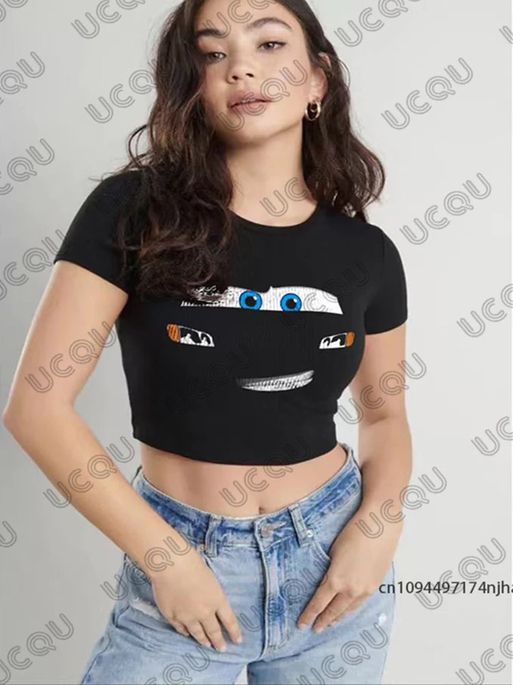 Summer New Lightning Mcqueen Print T-shirt For Women Korea Sle Short Sleeve Crop Top Streetwear Tees Vintage Casual Y2k Tops
