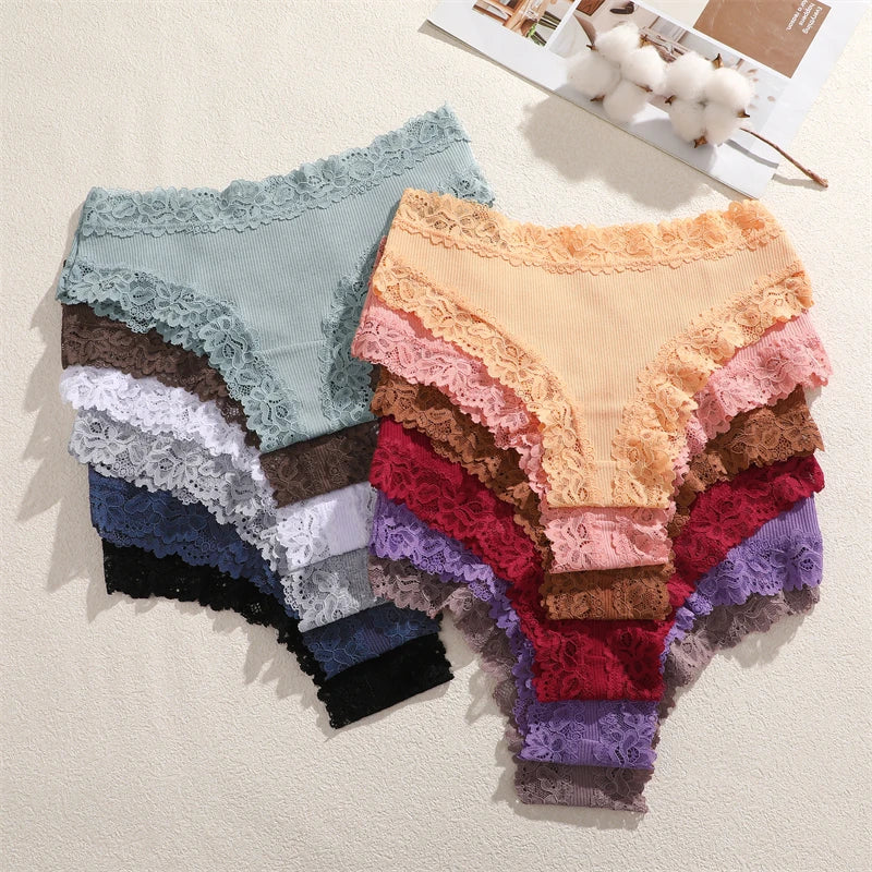 4PCS/Set Cotton Floral Lace Underpants for Women Sexy Striped Low-Waist Panties Girls Comfortable Briefs Trendy T-back Lingerie