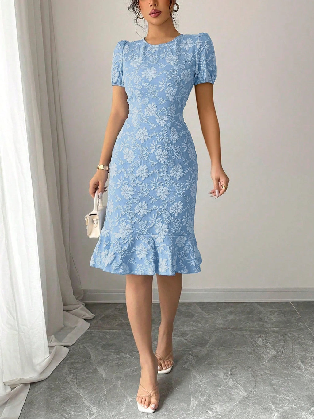 Women PuffSleeve CrewNeck LightBlue FloralJacquard RuffleHem BodyconMidi Dress Elegant Vacay Summer BeachBrunch Stretchy Dress