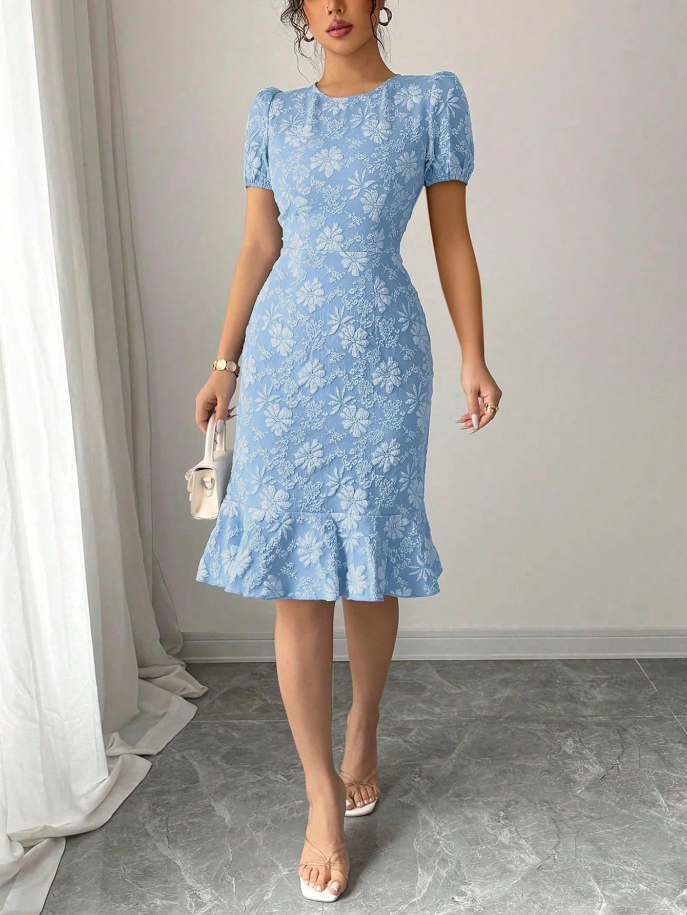 Women PuffSleeve CrewNeck LightBlue FloralJacquard RuffleHem BodyconMidi Dress Elegant Vacay Summer BeachBrunch Stretchy Dress