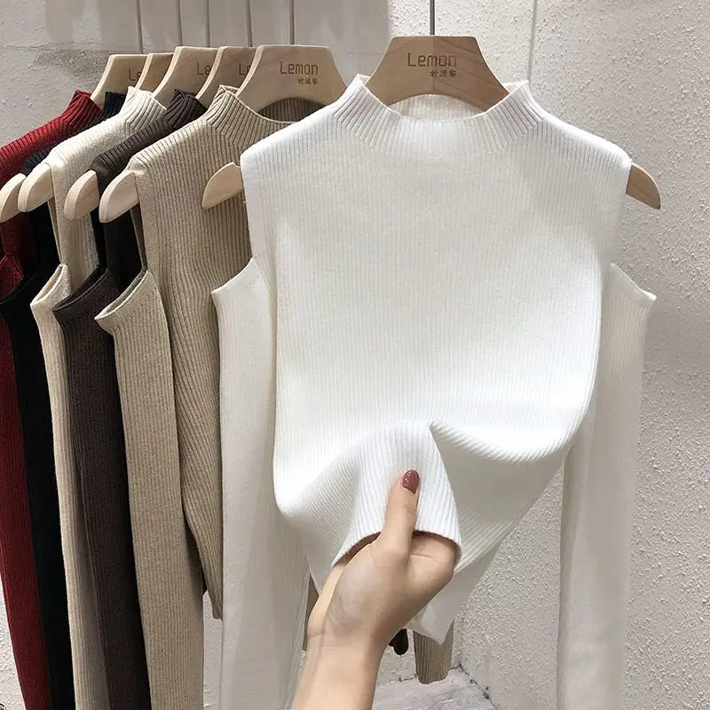 Knitted Sweater Women Pullovers New Long Sleeve Stand Collar Off-shoulder Knit Sweater Pullover Women Tops Sueters De Mujer Q781