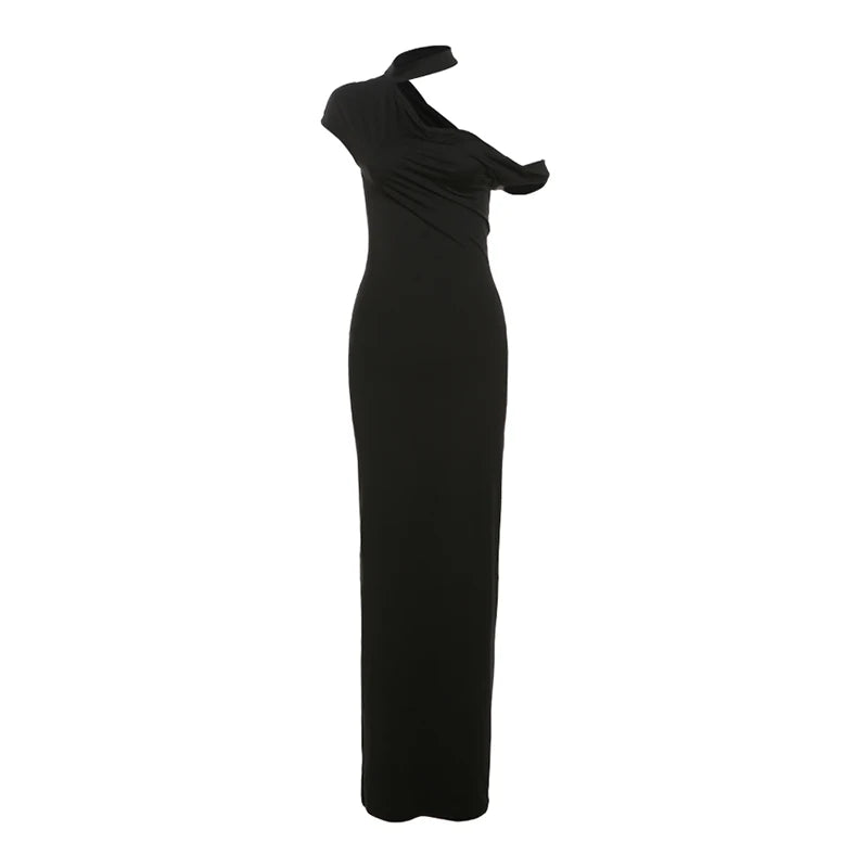 Weird Puss Incline Shoulder Dress Woman Summer Sexy Solid Irregular Collar Elegant Sleeveless Chic Party Skinny Evening Vestidos