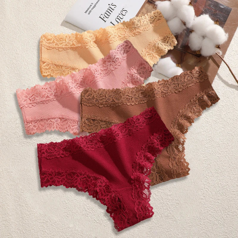 4PCS/Set Cotton Floral Lace Underpants for Women Sexy Striped Low-Waist Panties Girls Comfortable Briefs Trendy T-back Lingerie