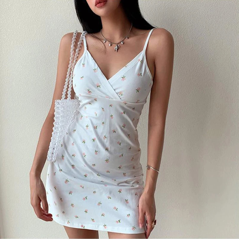 1pcs Womens Strap Dress Girl's Sexy Bodycon Club Party Dresses Short Female Camisole Solid Black New V Neck Floral Print Skirts