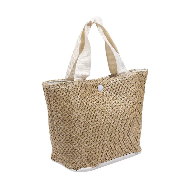 Trendy Straw Handbag Women's Woven Beach Bag Casual Snap Button Satchel Bag Small Braided Shoulder Bag For Travel Beach Trip