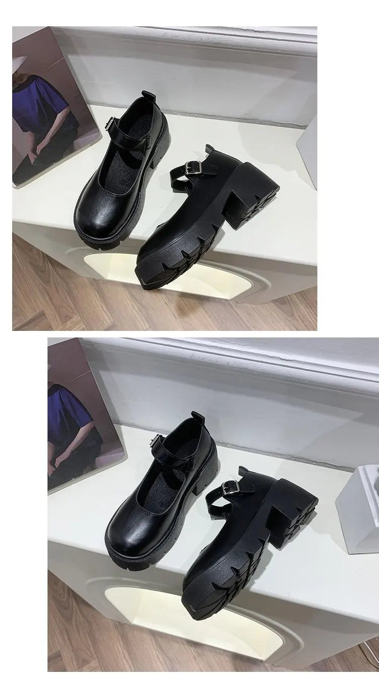 Lolita Shoes Japanese Girl Platform Black high heels fashion Round Toe Mary Jane Women Patent faux Leather Student Cosplay Shoes