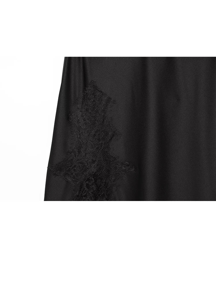 HH Fashion Soild Asymmetric Lace Satin Dress For Women's Sexy V-Neck Sleeveless Backless Slit Evening Party Slip Midi Dress