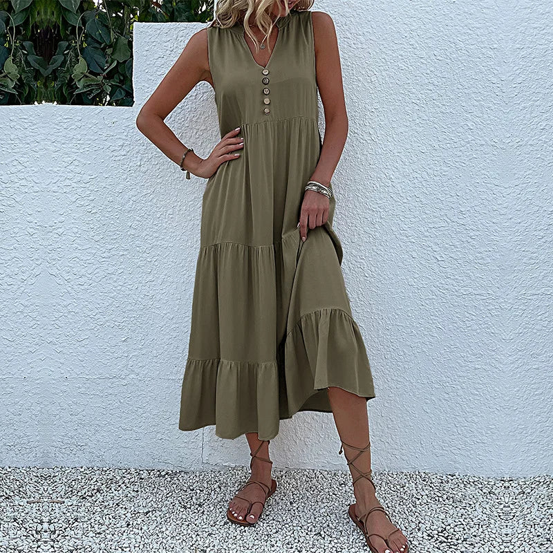 Casual Summer Midi Dress Women Sleeveless Tank V Neck Buttons Ruffle Loose Dresses Beach Soild Sundress Fashion
