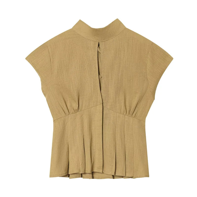 Women's Shirt 2026 Summer New Khaki Short Sleeve Bow Decorative Hollow-Out Dress Hem Shirt Casual Fashion Personality