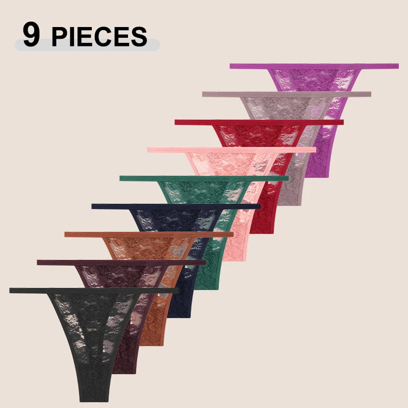 FINETOO 9Pcs Perspective T-Back Thongs Women Sexy Low Rise G-Strings Breathable Underpants Female Lace Floral Intimates Lingerie