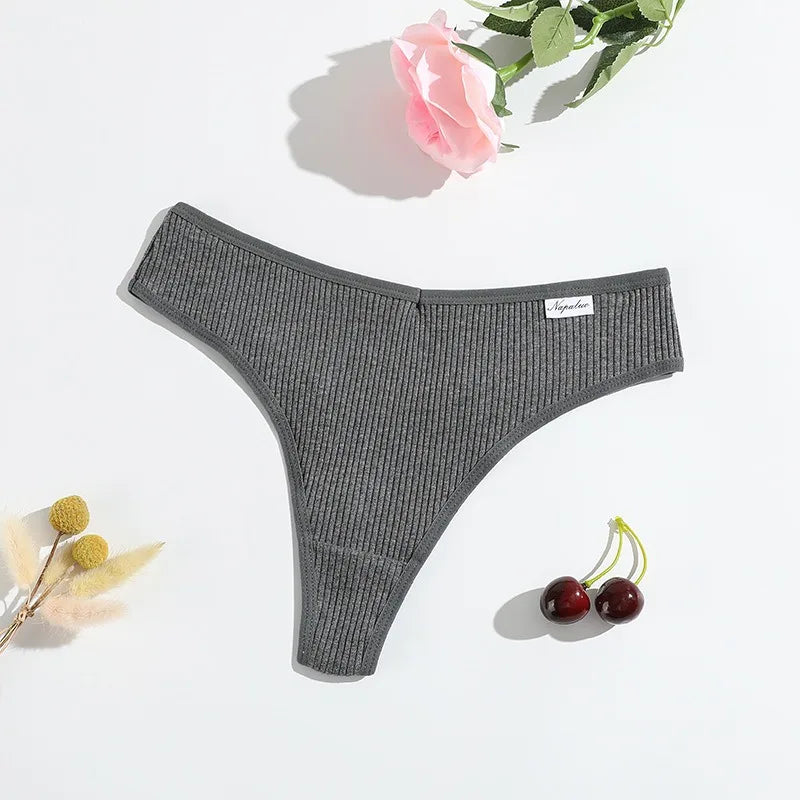 6Pcs/Set Women Cotton Thongs Female Ribbed Panties Low Rise G-String Sexy Underwear Solid Color Bikini Soft S-XL Intimates