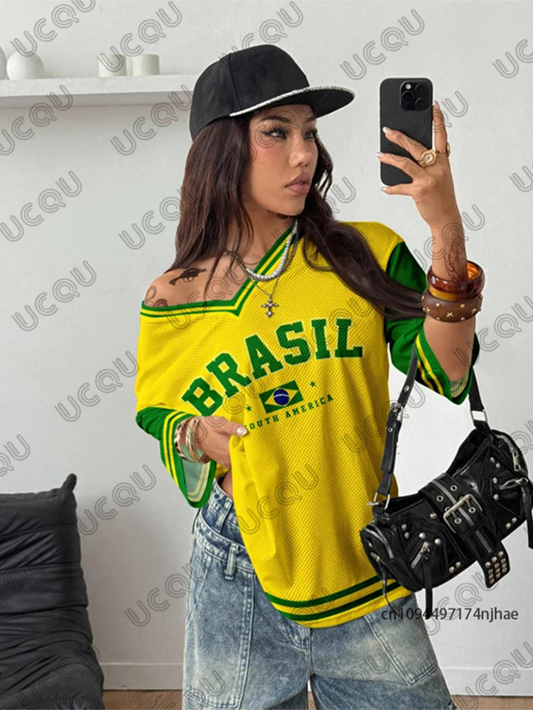 Summer New Brazil Print T Shirt For Women V-Neck Patchwork Short Sleeve Sports Football Jersey Y2K Loose Oversized Vintage Tops