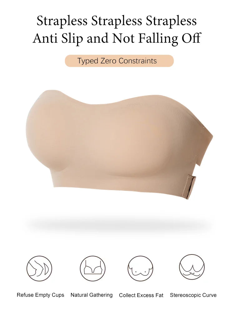 Female Removable Padded Soft Ice Silk Traceless Brasseries Wire Free Side Buckle Bra For Women Invisible Strapless Push Up Bras