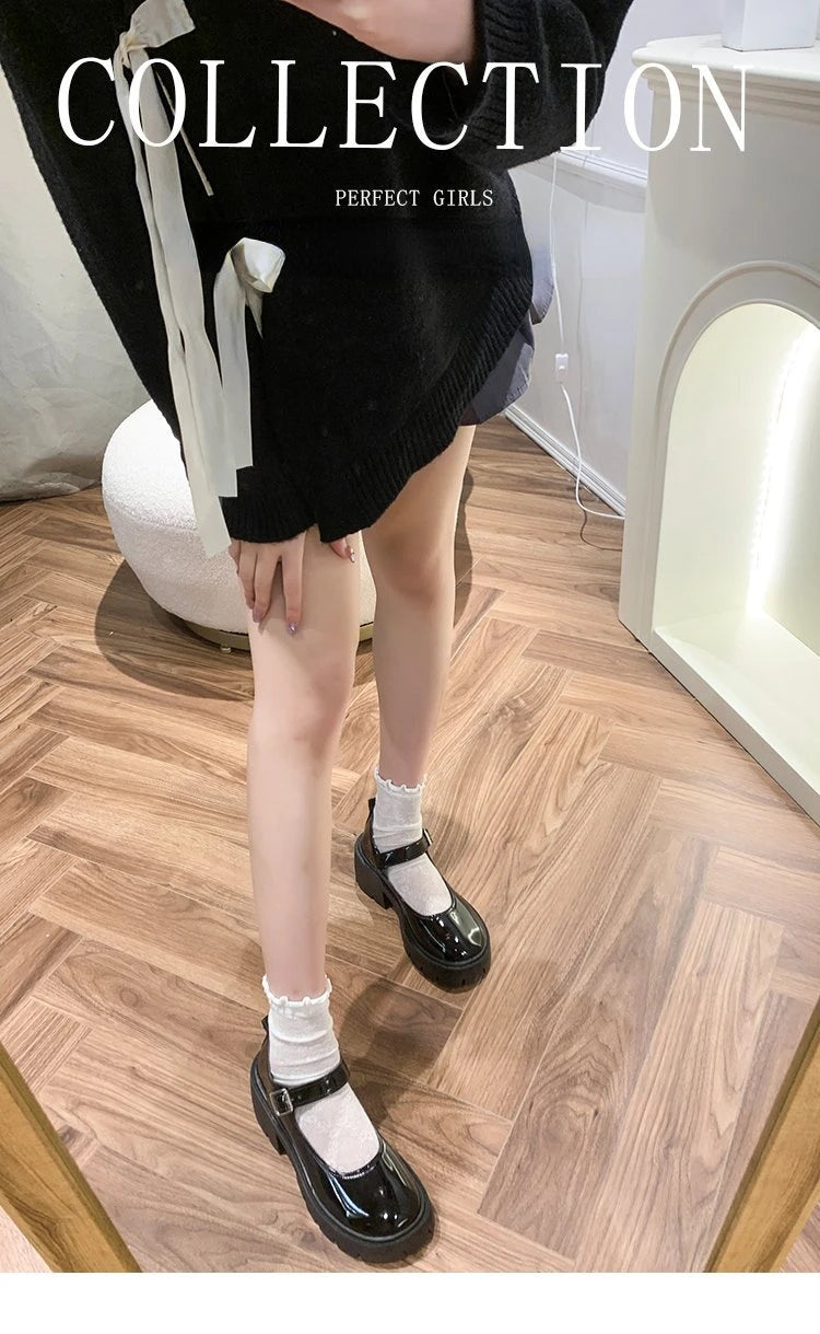 Lolita Shoes Japanese Girl Platform Black high heels fashion Round Toe Mary Jane Women Patent faux Leather Student Cosplay Shoes