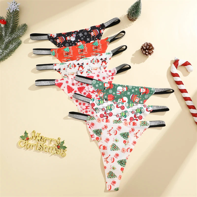 5PCS/Lot Seamless Ice Silk Thongs Women's Christmas Theme Underwear Sexy Rhinestone Waist Panties Santa Claus Printed Lingerie