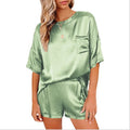 2024 European and American Spring New Solid Color Silk Like Pajamas Home Furnishing Short Sleeve Shorts Irregular Two Piece Set