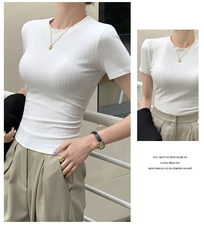 Summer New Women's Crewneck T-shirt Knitted Short-sleeved Top Casual All-match T-shirt Striped Base Shirt Slim-fit Breathable