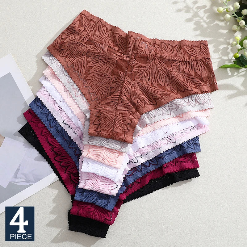 FINETOO 4PCS Floral Lace Thongs Sexy Perspective G-String Mid Waist T-back Female Breathable Intimates Brazilian Underwears