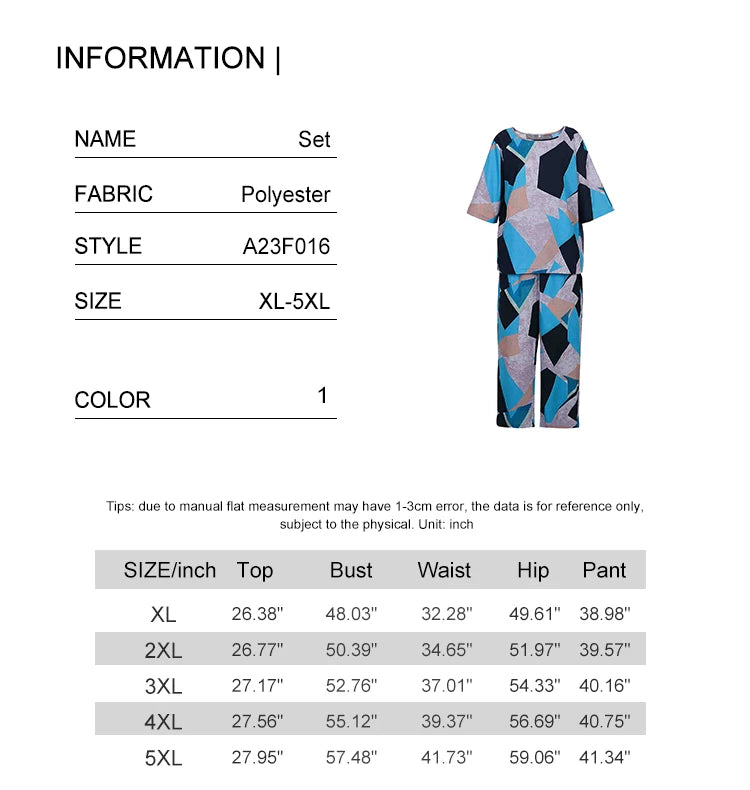 plus Size Women's Summer Cotton Linen Trousers Set with Printed round Neck Five Points Sleeve Top And Bottoms Two-Piece Ensemble