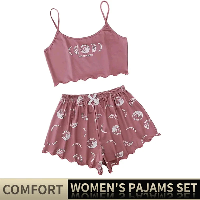 Women Pajamas Sleepwear Pajama Set Sports Camisole and Shorts Pink Black Moon and Planet Print Summer Comfortable Casual Suit