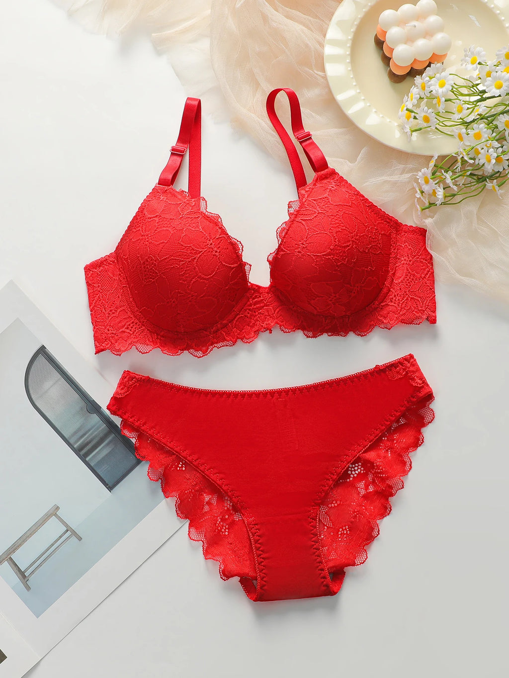 Red Lingerie lace cotton cup 2-piece set sexy and white toned lingerie set women's underwear set J3431