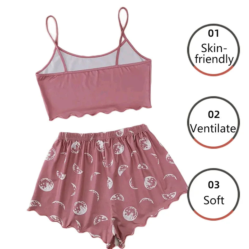 Women Pajamas Sleepwear Pajama Set Sports Camisole and Shorts Pink Black Moon and Planet Print Summer Comfortable Casual Suit