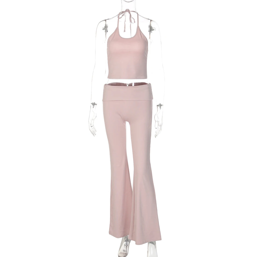 Hugcitar Fashion 2 Piece Sets Halter Soild Backless Lace Up Sexy Crop Camis Top Flare Pants Women Outfit Tracksuit Vacation Yoga