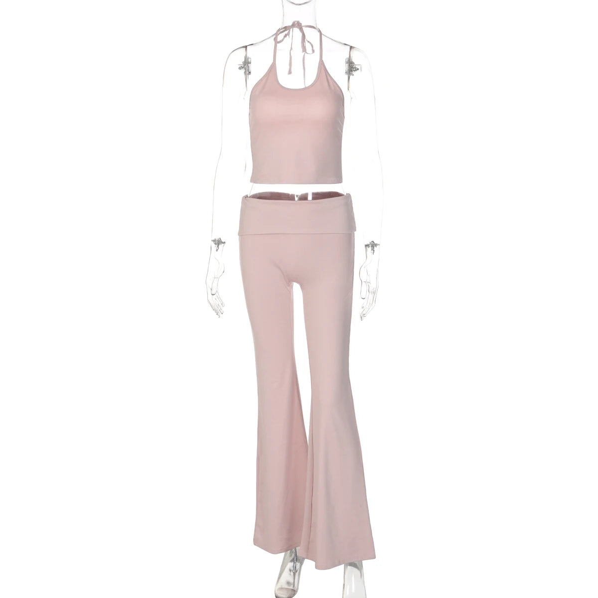 Hugcitar Fashion 2 Piece Sets Halter Soild Backless Lace Up Sexy Crop Camis Top Flare Pants Women Outfit Tracksuit Vacation Yoga