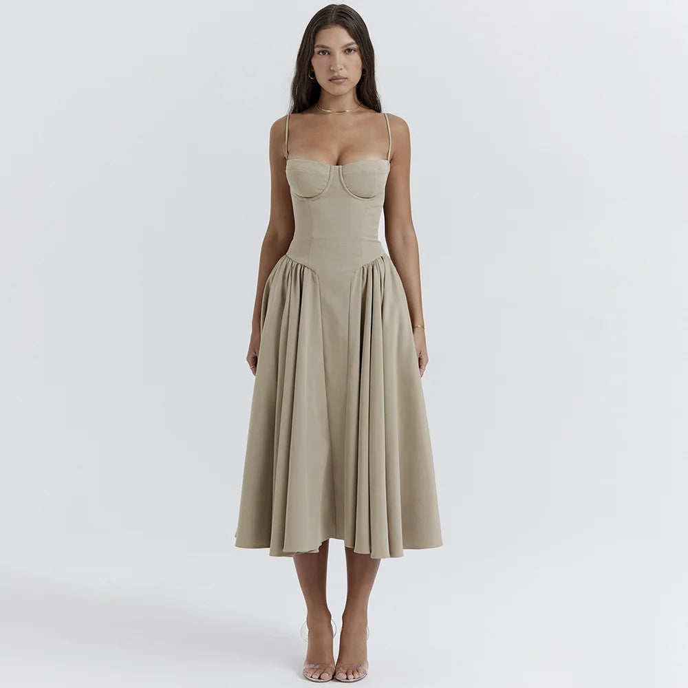 Summer Women Elegant Sleeveless Backless Pleated Dresses Lady Sexy Solid Sling Midi Dress 2024 Female Party Evening A-line Robes
